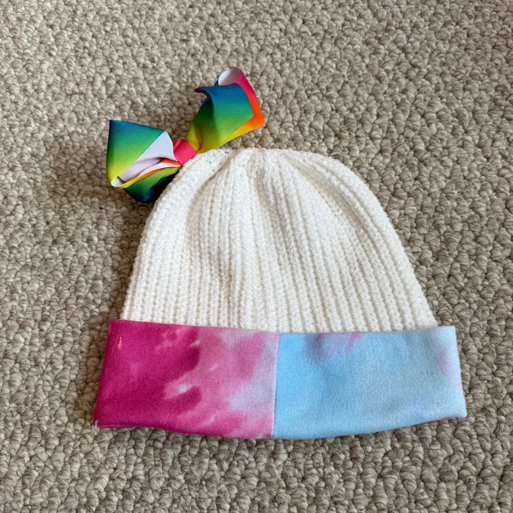 JoJo Siwa Nickelodeon Girls Ribbed Beanie Rainbow‎ Bow Tie Dye Cuff Hat OSFM